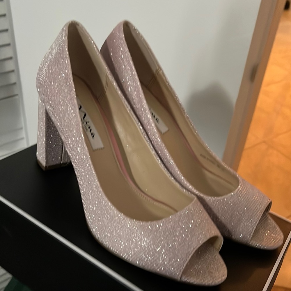 Pink open toe heels